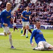 Cole McKinnon celebrates after a debut goal for Ranger versus Hearts at Tynecaslte