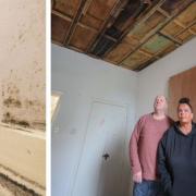William and Gillian Hanvidge, right, in their son's bedroom and, left, mould in the house