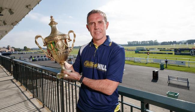 FREE PICTURE:19 September 2019:Ayr Racecourse :William Hill Ayr Gold Media Preview:Former player of Rangers, Heart of Midlothian, Everton and Scotland defender David Weir along with the Gold Cup.