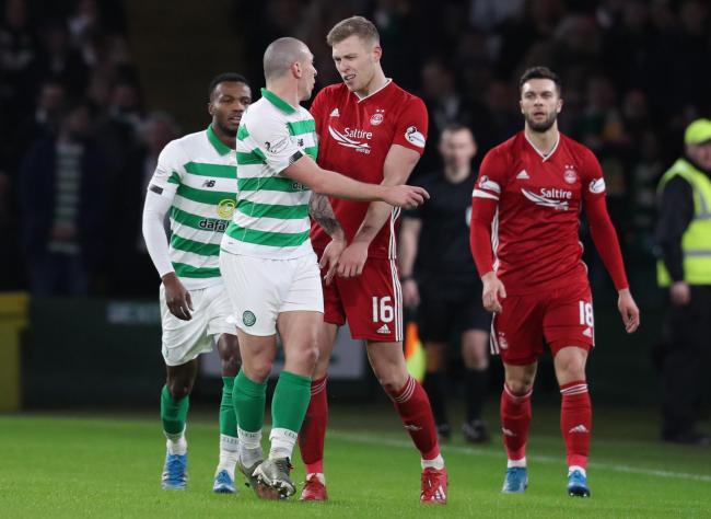 Sam Cosgrove was at the centre of a second-half storm as he was sent off for a challenge on Celtic's Kristoffer Ajer.