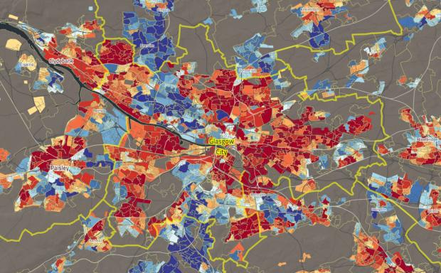 Glasgow Times: The map of Glasgow shows the most deprived areas (red) in comparison to the least deprived (blue)