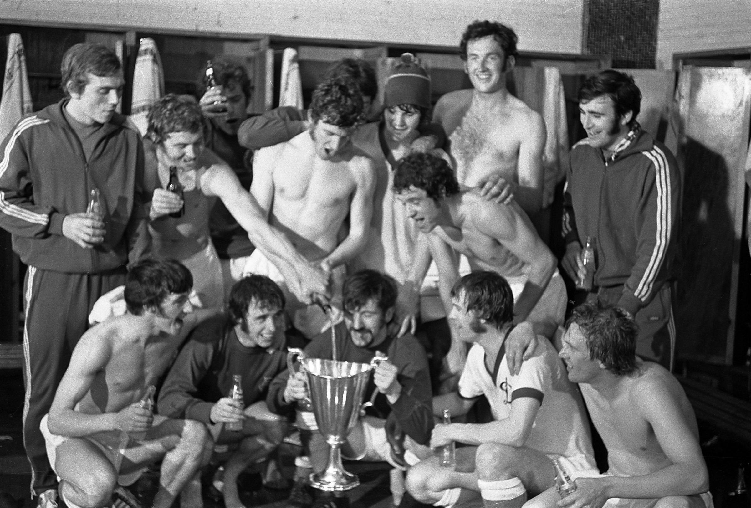 The Rangers players celebrate with the European Cup Winners Cup trophy after victory over Moscow Dynamo
