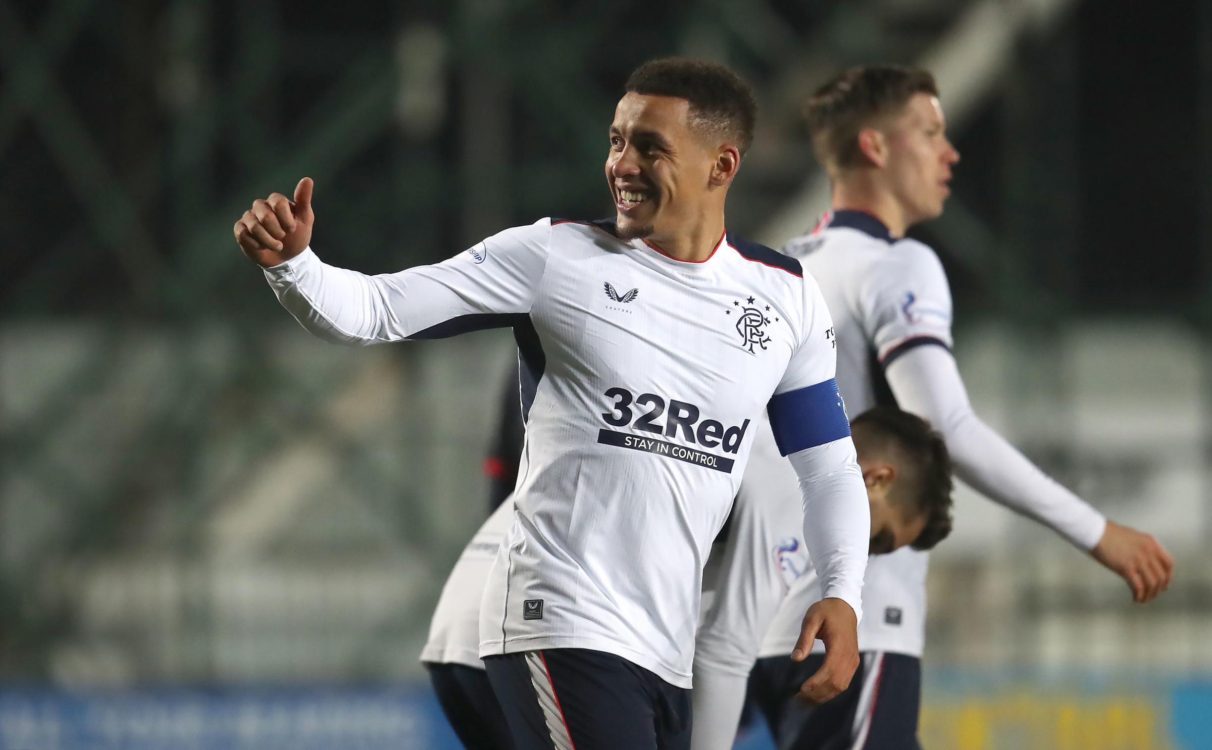 Rangers James Tavernier celebrates scoring his sides fourth goal of the game during the Scottish Premier League match at Falkirk 