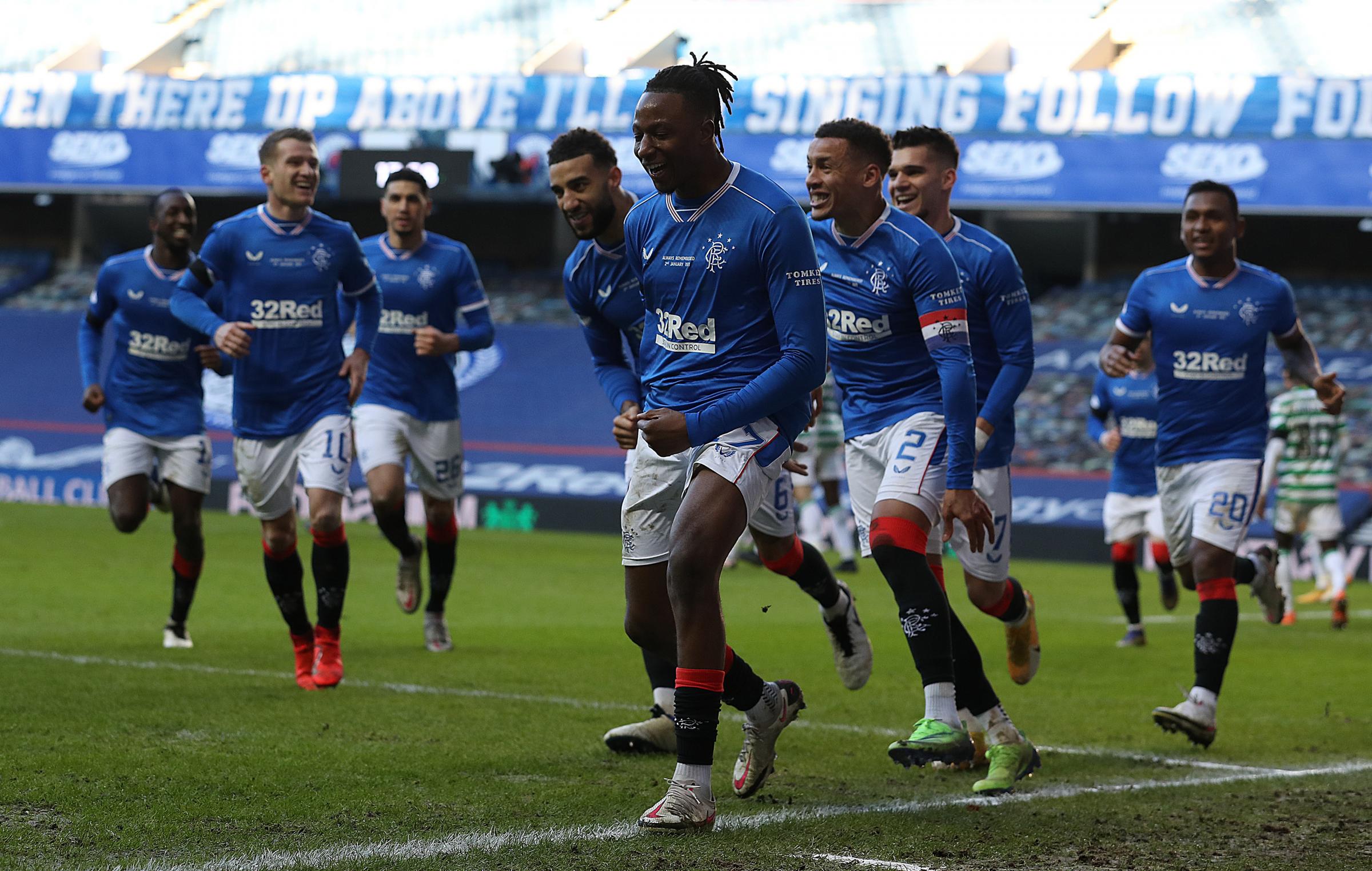 Joe Aribo of Rangers celebrates with teammates after scoring their teams first goal during the Ladbrokes Scottish Premiership match between Rangers and Celtic