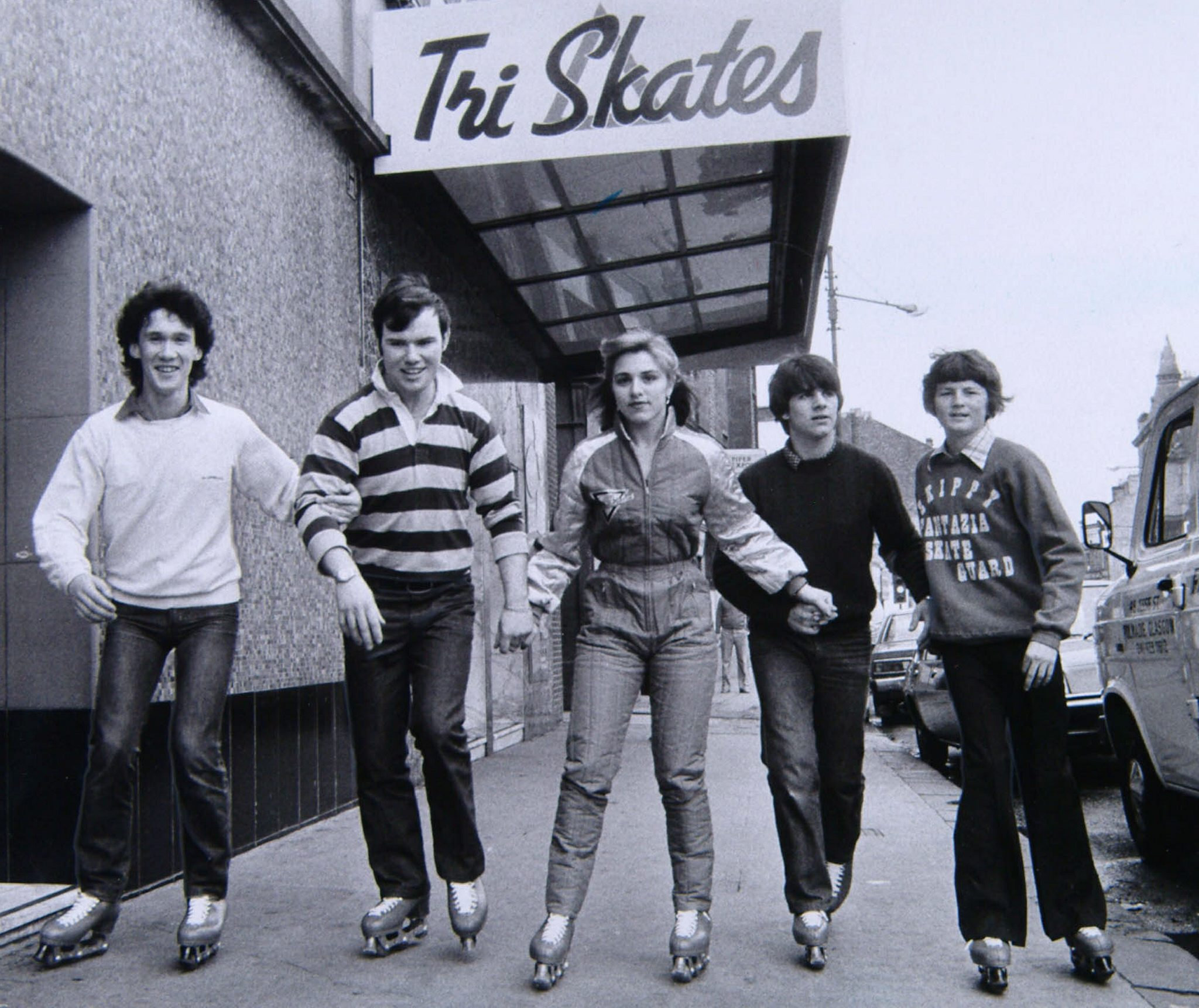 Tri-skating at the Barrowland in 1981 - Jack Cunningham, Duncan Boyd, Morena Pellicci, Marko Pellicci and Alex Nisbet demonstrate.Pic: Herald and Times