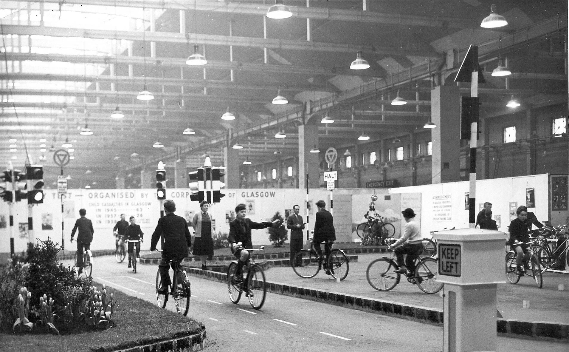 The 1958 cycling proficiency test centre inside the Kelvin Hall. Pic: Herald and Times