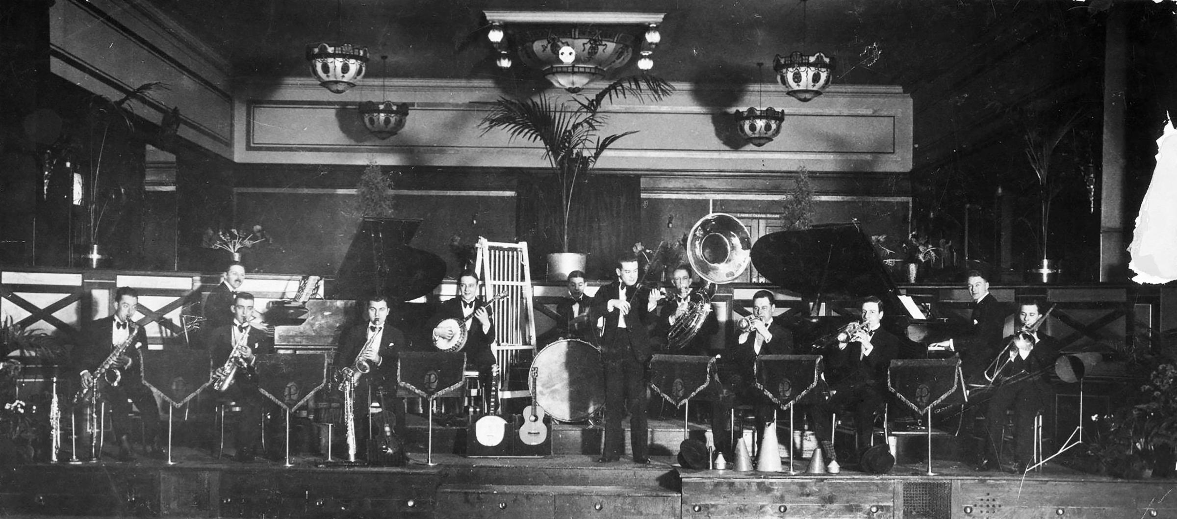 A twelve piece band on stage at the Plaza ballroom in 1929. Pic: Herald and Times