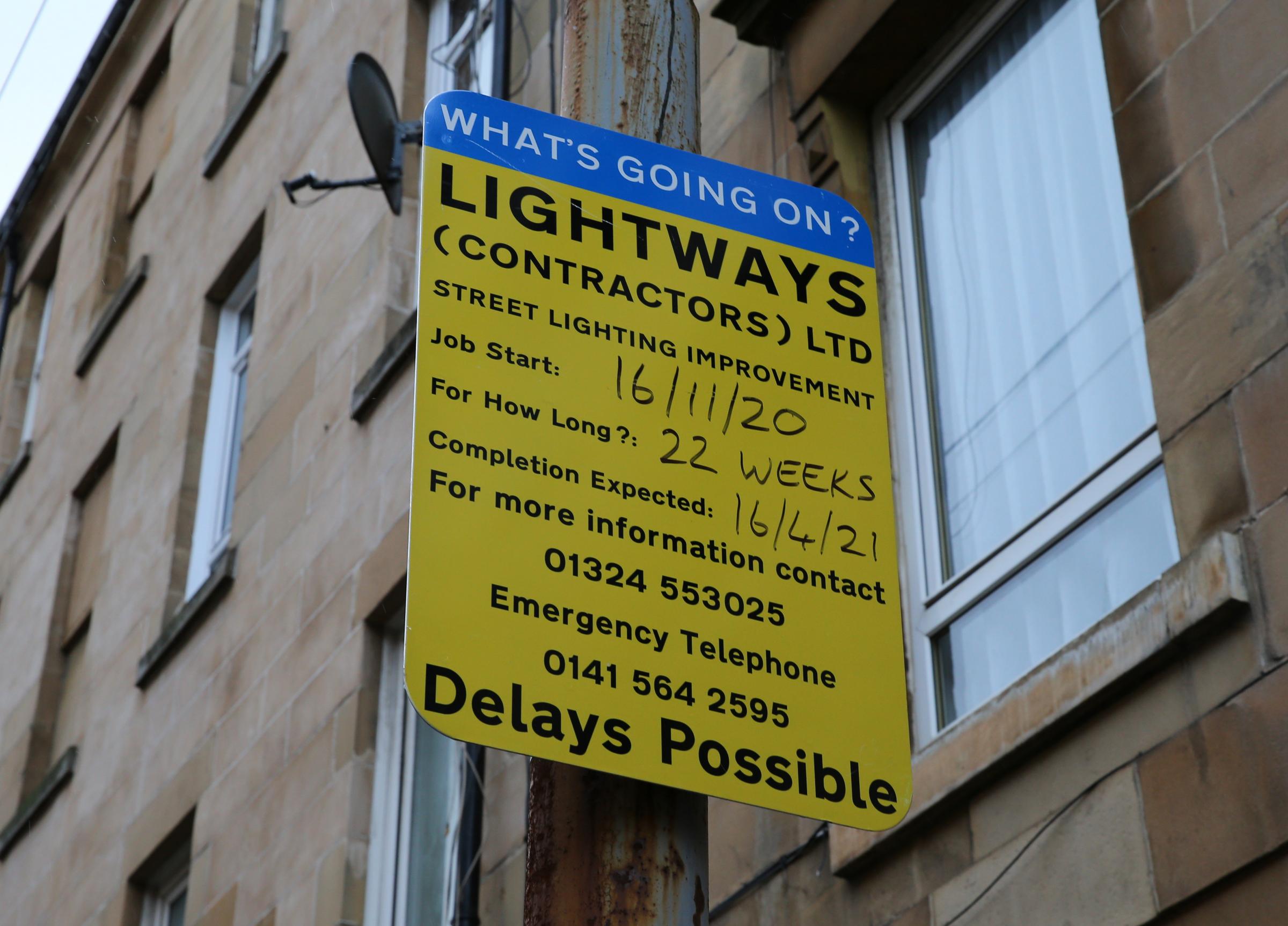 A sign on Westmoreland Street, Govanhill, informing people about street light improvements Picture: Colin Mearns