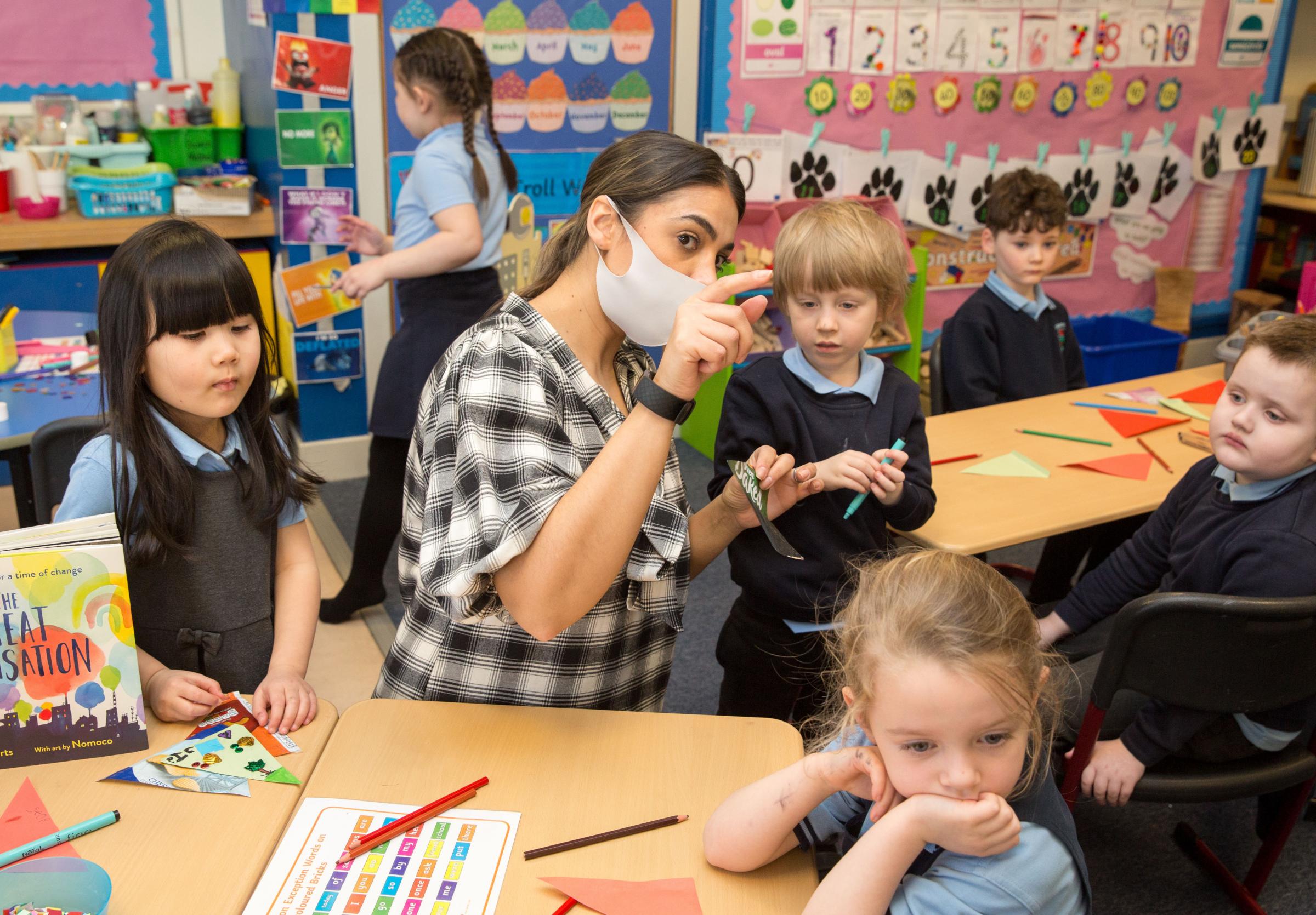 Knightswood Primary return to school. Miss Bhegani teaches her Primary 1 class...Picture Robert Perry 22nd Feb 2021..FEE PAYABLE FOR REPRO USE.FEE PAYABLE FOR ALL INTERNET USE.www.robertperry.co.uk.NB -This image is not to be distributed without the prior