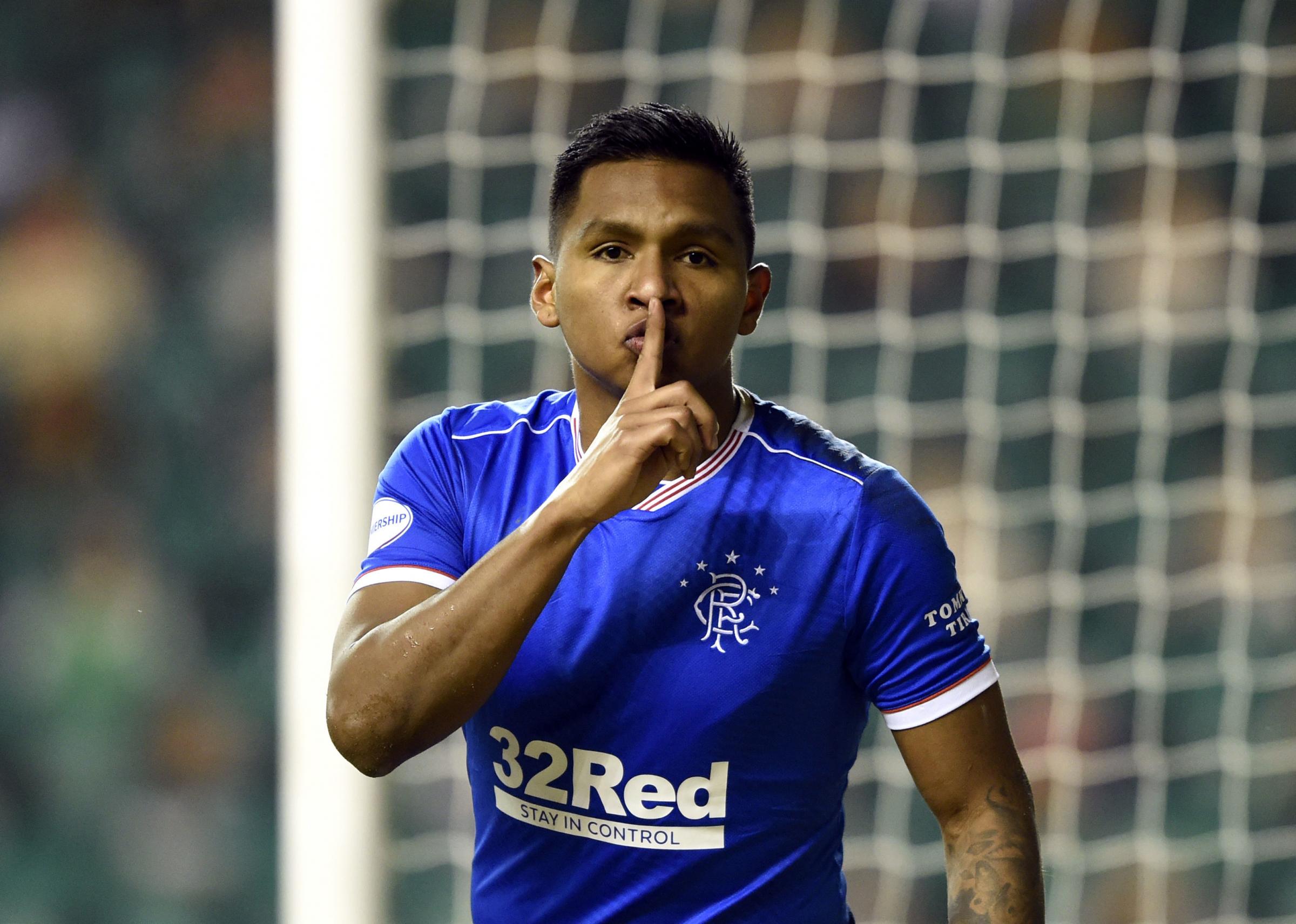 Rangers Alfredo Morelos celebrates scoring their sides first goal of the game during the Ladbrokes Scottish Premiership match at Easter Road