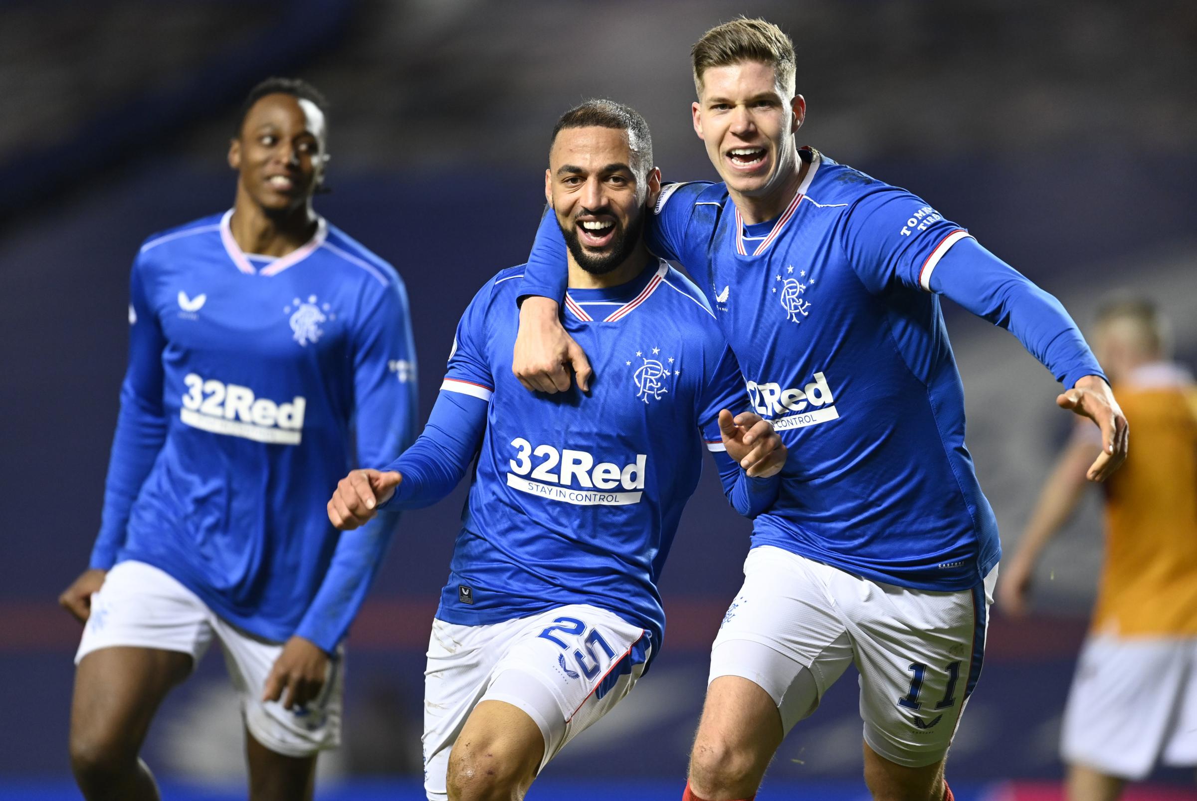 Kemar Roofe celebrates with Cedric Itten after scoring to make it 3-1 during a Scottish Premiership match between Rangers and Motherwell