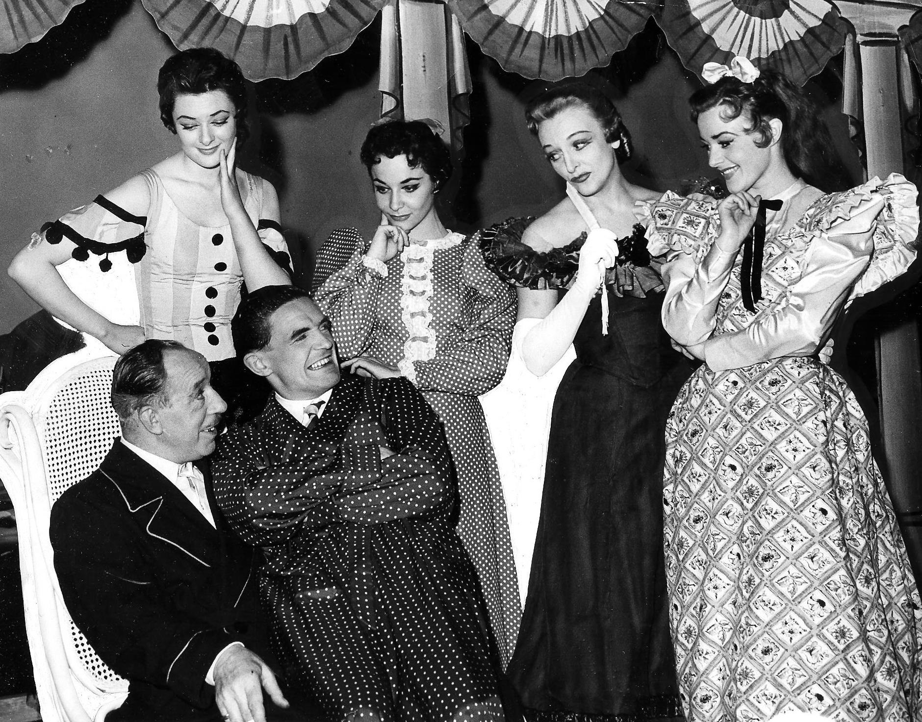 Olga Gwynne, Joanna Rigby, Katherine Feather and Margaret Miles, with Jack Radcliffe and Jimmy Logan in 1955 