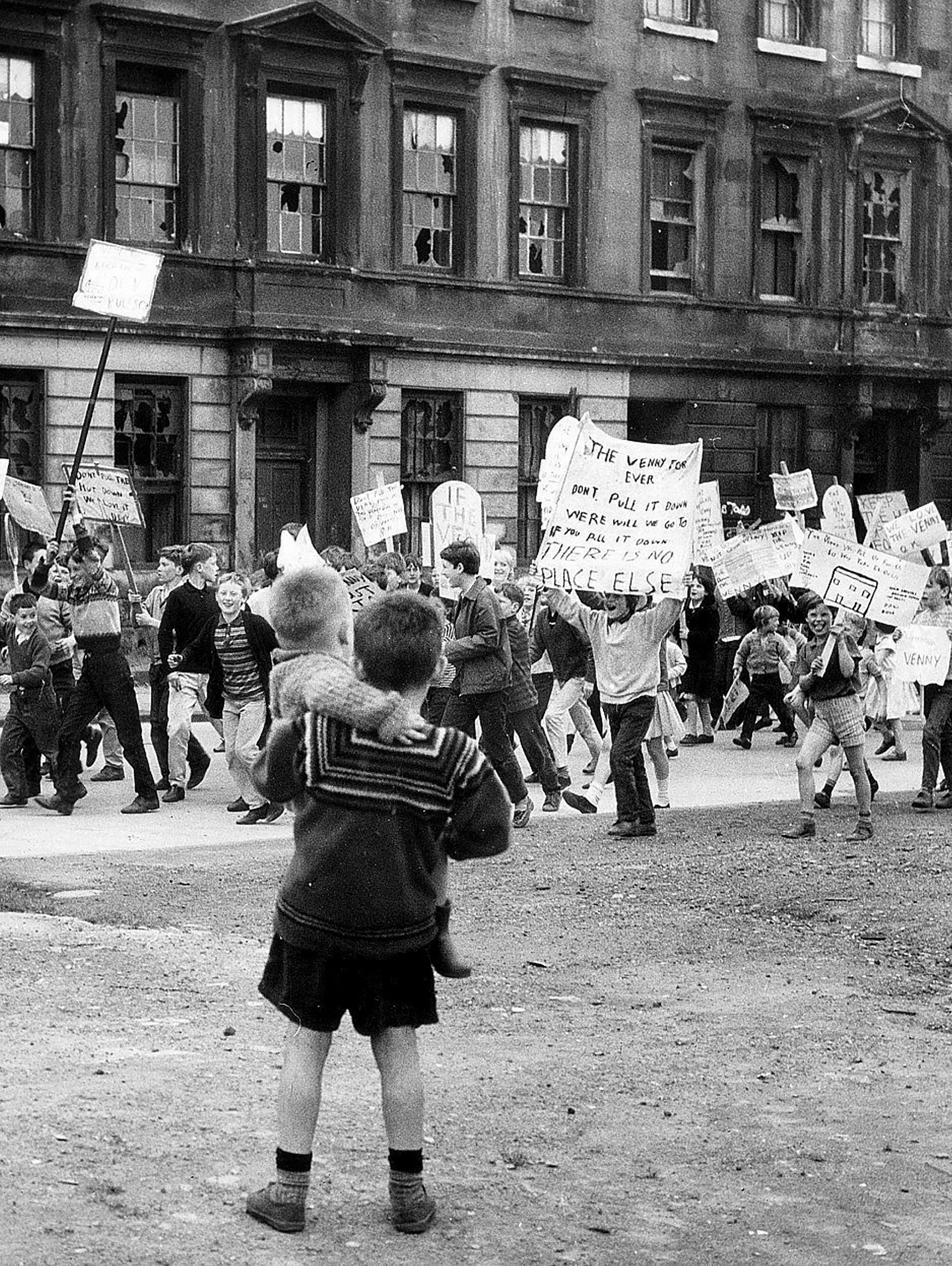 A childrens demonstration against the loss of the Venny, their adventure playground in the Gorbals, in August 1967. Pic: Herald and Times