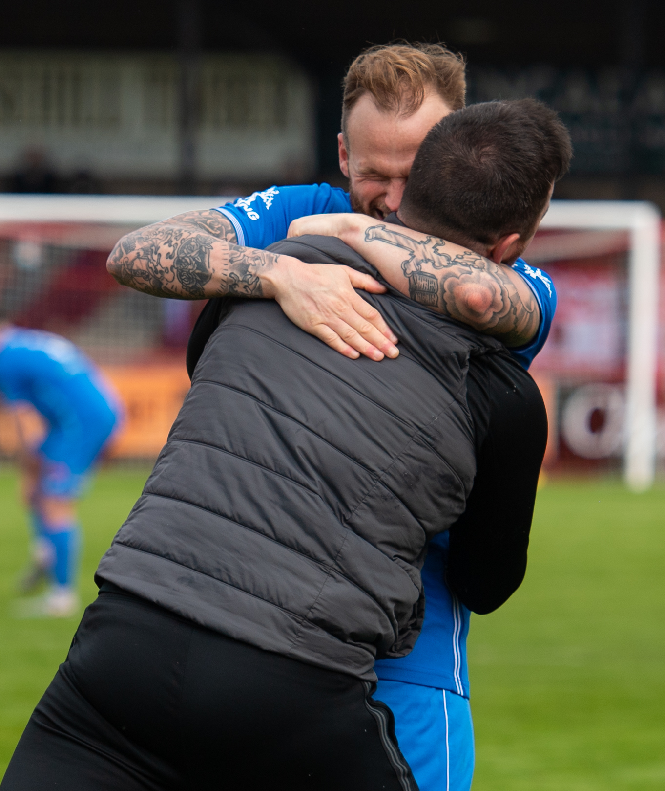 BRECHIN, SCOTLAND - MAY 23: Keltys Kallum Higginbotham celebrates with manager Barry Ferguson during a Scottish League Two play-off final second leg between Brechin City and Kelty Hearts at Glebe Park, on May 23, 2021, in Brechin, Scotland (Photo by