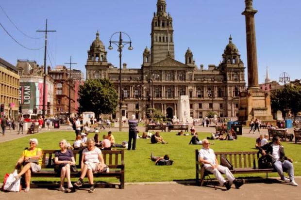 A picture of George Square on a sunny day in Glasgow.