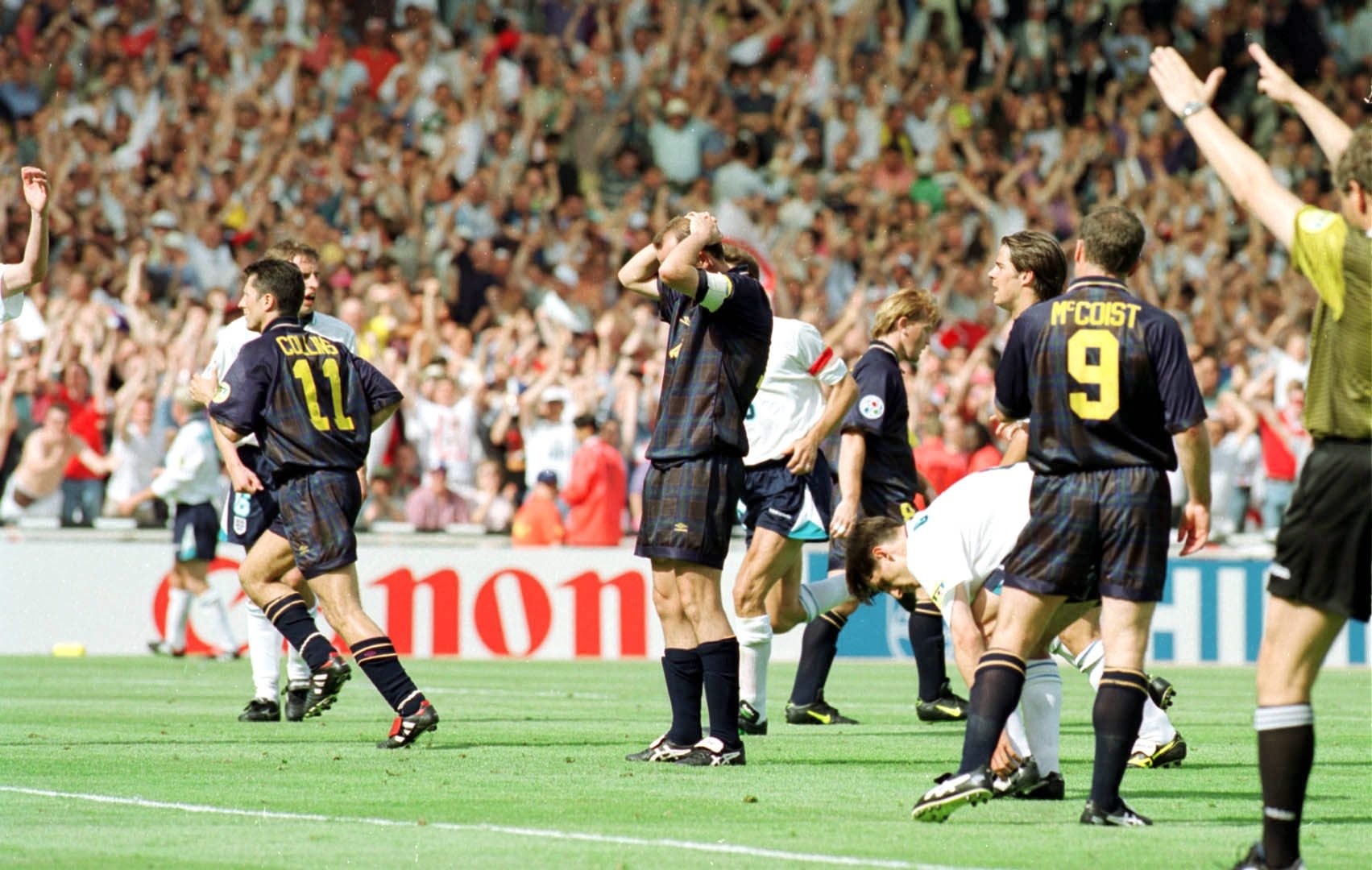Euro 96: Scotland captain Gary McAllister hangs his head after seeing his penalty saved by David Seaman. Pic: Herald and Times