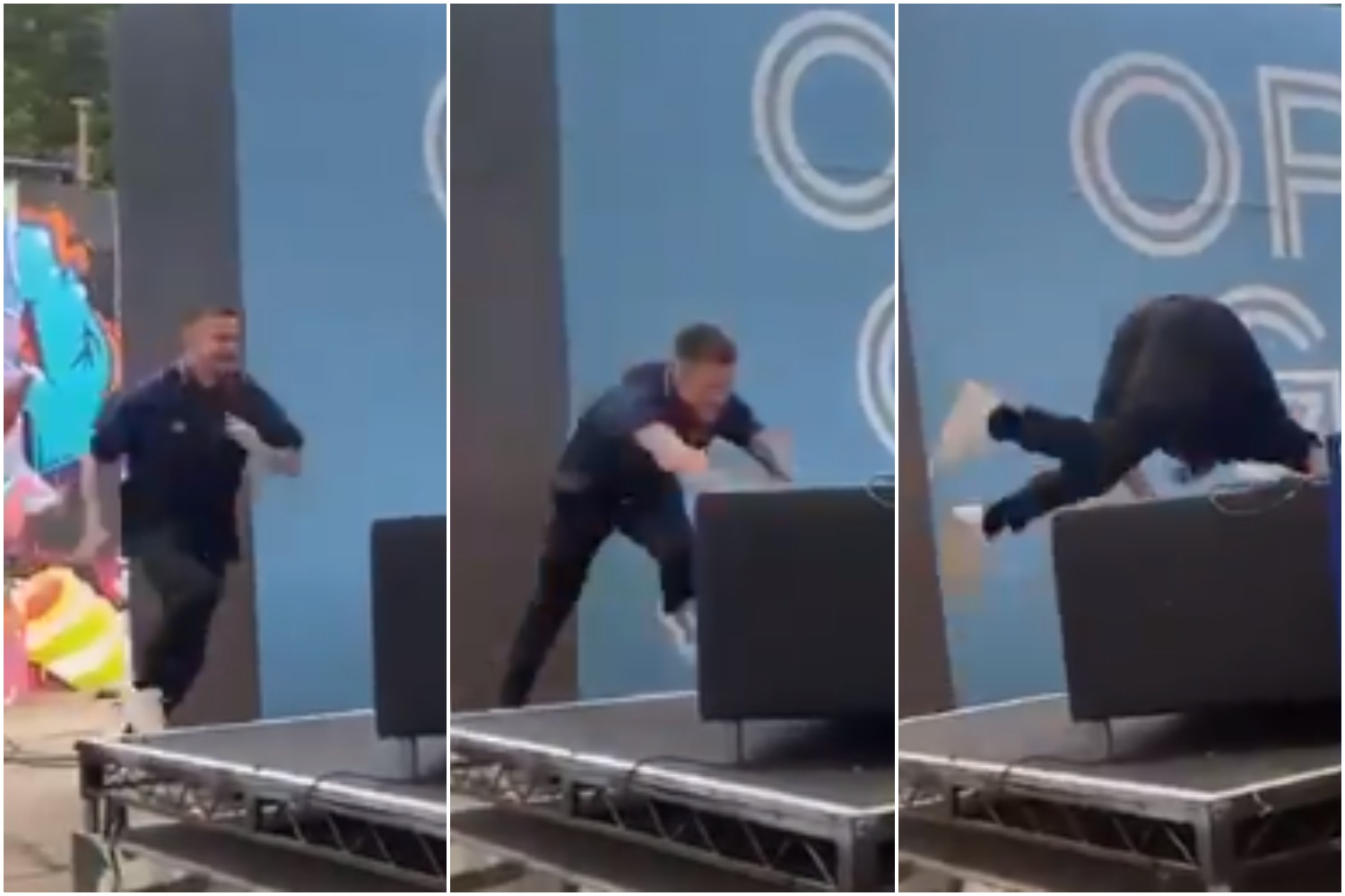 Watch: Hilarious moment Andy Halliday decks it on stage at Open Goal SWG3 show and has fans in stitches