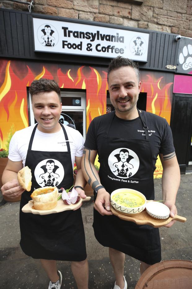 Glasgow Times: Transylvania Food and Coffee owners Daniel Radu and Alex Ghimpu outside their new venture in Tollcross