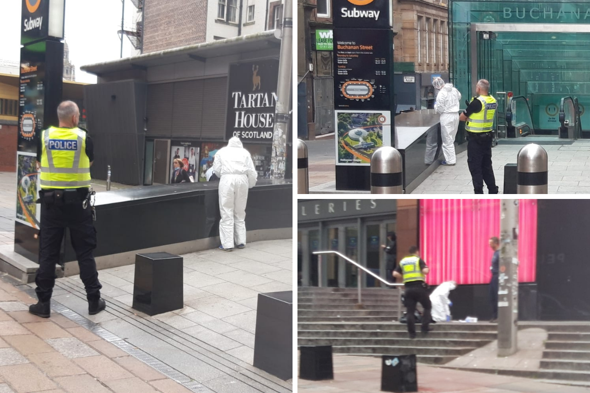 Glasgow cops at Buchanan Street Subway station as forensic investigators on the scene