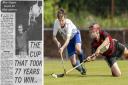 Shinty supremos Glasgow win in 1973 (L) and Gary Luke (Glasgow Mid Argyll) with Daniel MacVicar (Oban).  GMA v Oban Camanachd in the MacAulay Cup semi final (south), played at Mossfield, Oban (R).