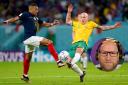 Aaron Mooy of Celtic battles for the ball with Kylian Mbappe as Australia play France at Qatar 2022 and John Hartson, inset