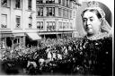 Crowds in 1887 celebrate the jubilee of Queen Victoria (inset)