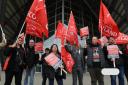 Union members gathered outside the Annual General Meeting at Glasgow's SEC Armadillo