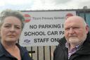 Councillors Gillian Graham and Chris Gilmour outside Thorn Primary in Johnstone