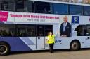 Company puts retiring receptionist’s face on city bus to thank her for 46 years of service