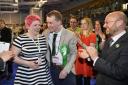 Green Party Councillors Kim Lung and Allan Young celebrate winning their seats with Scottish Green Party Co-Convenor Patrick Harvie, after ballot papers were counted in the local elections at the Emirates Stadium in Glasgow. PRESS ASSOCIATION Photo.
