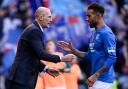 Rangers manager Philippe Clement, left, shakes Connor Goldson's hand after a game at Ibrox