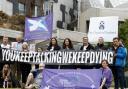 EDINBURGH, SCOTLAND - JULY 28: The group Faces And Voices of Recovery hold a protest outside the Scottish Parliament as Scotlandâ€™s drugs death figures are published on July 28, 2022 in Edinburgh, Scotland. The number of people who died of drug