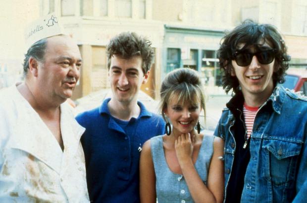 Glasgow Times: The Bluebells filming the video to Young at Heart, with Clare Grogan and Stratford Johns