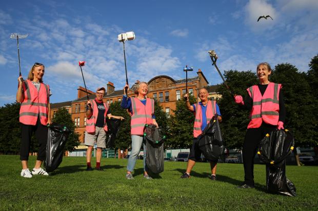 Volunteers with Partick Action on Litter, from left - Pauline Wallace, David Belcher, Maggie Paterson, Fergus Napier and Anne Ritchie...  Photograph by Colin Mearns.