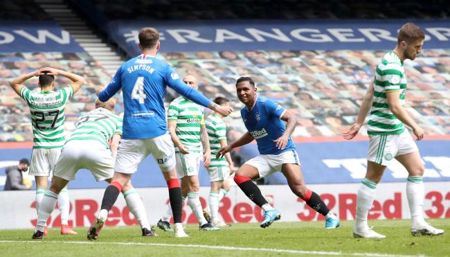 Rangers' Alfredo Morelos (centre) celebrates scoring against Celtic