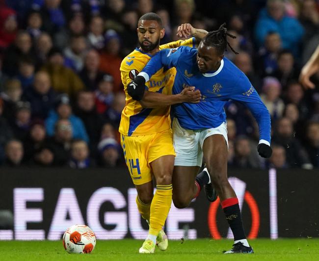 Brondby's Kevin Mensah (left) and Rangers' Joe Aribo battle for the ball during the UEFA Europa League, Group A match