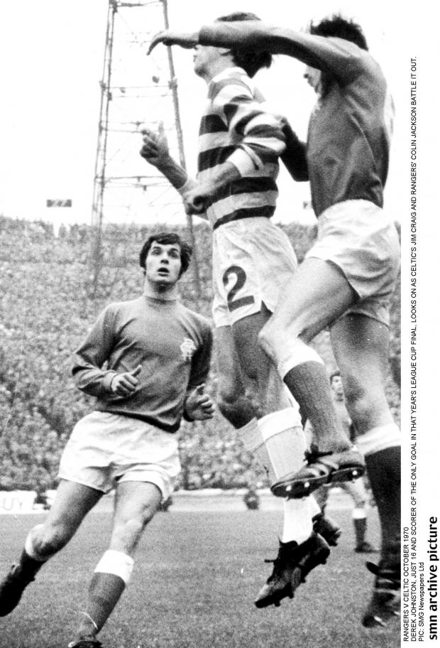 Glasgow Times: RANGERS V CELTIC OCTOBER 1970DEREK JOHNSTONE, JUST 16 AND SCORER OF THE ONLY GOAL IN THAT YEAR'S LEAGUE CUP FINAL, LOOKS ON AS CELTIC'S JIM CRAIG AND RANGERS' COLIN JACKSON BATTLE IT OUT.