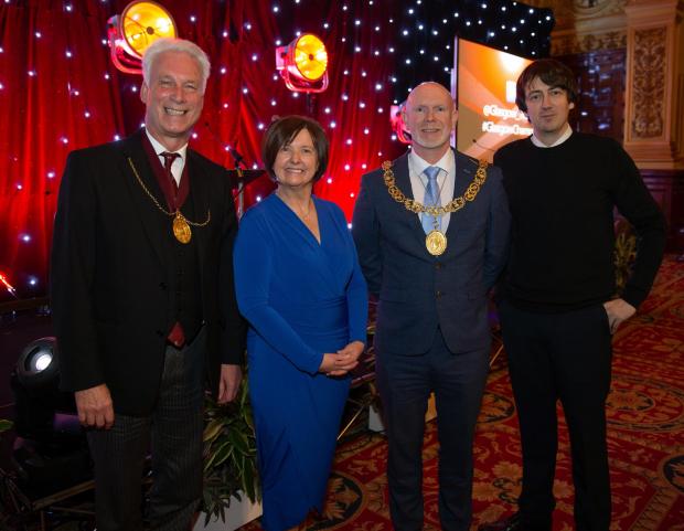 Glasgow Times: Glasgow Times Community Champion Awards 2021, City Chambers, Glasgow. .Lord Provost Cllr Philip Braat, 2nd from right, pictured with, from left- the Late Deacon Convener of the Trade's House of Glasgow Kenneth Dalgleish, Bernadette Hewitt, chair GHA