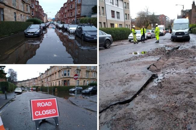 Pictures show engineers at site of burst water main in Glasgow's Shawlands