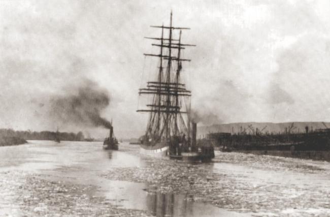 Sailing Ship on ice covered River Clyde at Govan, Glasgow, 1890s..