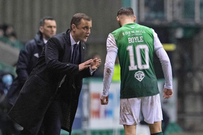 Hibernian manager Shaun Maloney, left, speaks to Martin Boyle during a game at Easter Road last month