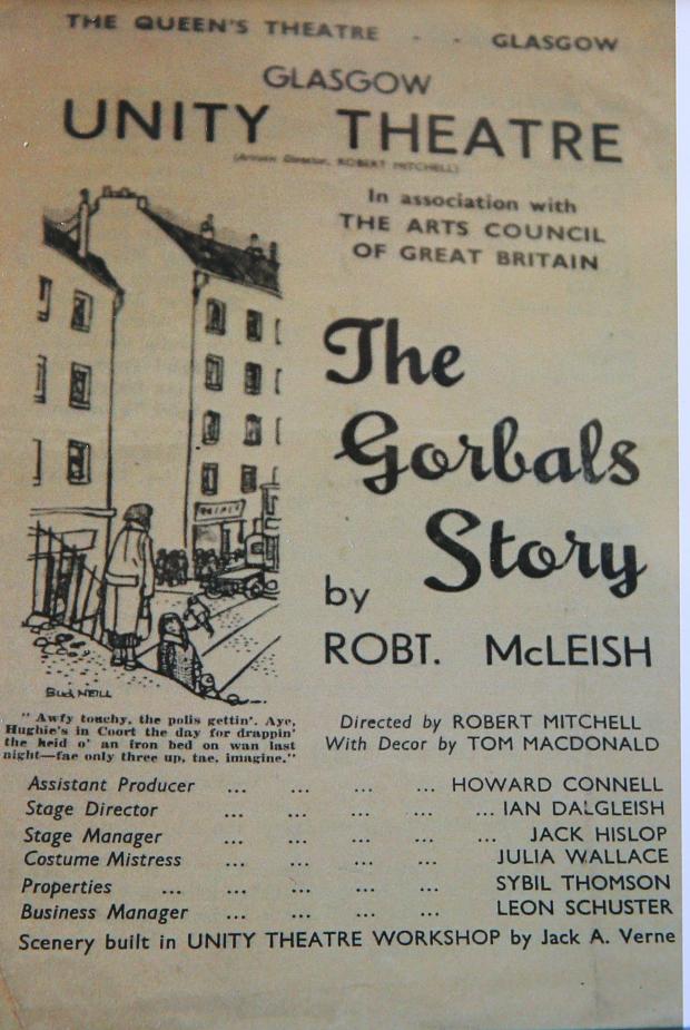 Glasgow Times: Front page of a copy of a programme for the production of  The Gorbals Story by Robert McLeish that was staged by The Unity Theatre at the Queen's Theatre in Glasgow in the winter of 1945/46. The illustration on the cover was done by Bud Neill of