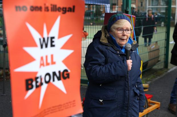 Glasgow Times: Pollokshields resident Beverly McFarlane speaking to the crowd. [Photograph by Colin Mearns] 