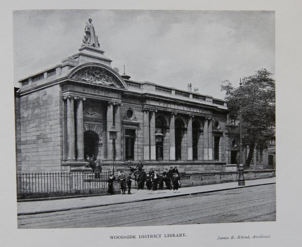 Glasgow Times: Photograph of Woodside library on St George's Rd, Glasgow taken in 1905 in a book about all of Glasgow Corporation Public Libraries. Woodside library, designed by architect James R. Rhind, opened on 10th March 1905.  Woodside library is to re-open on