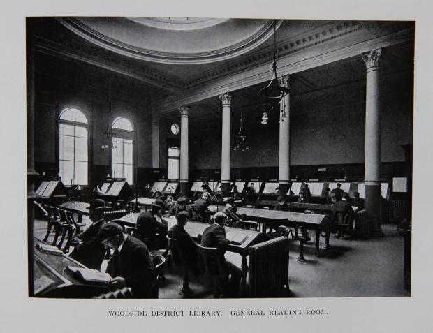 Glasgow Times: Photograph of the general reading room of Woodside library on St George's Rd, Glasgow taken in 1905 in a book about all of Glasgow Corporation Public Libraries. Woodside library, designed by architect James R. Rhind, opened on 10th March 1905. 