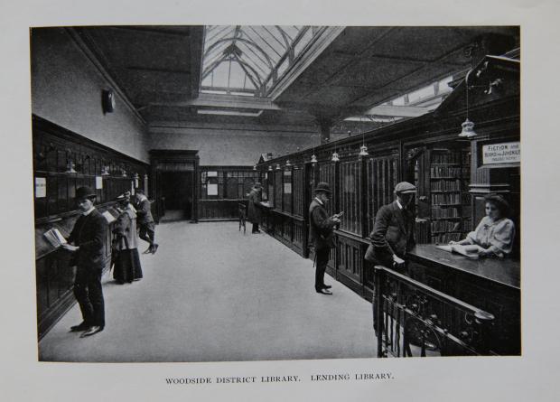 Glasgow Times: Photograph of the lending library in Woodside library on St George's Rd, Glasgow taken in 1905 in a book about all of Glasgow Corporation Public Libraries. Woodside library, designed by architect James R. Rhind, opened on 10th March 1905.  Woodside
