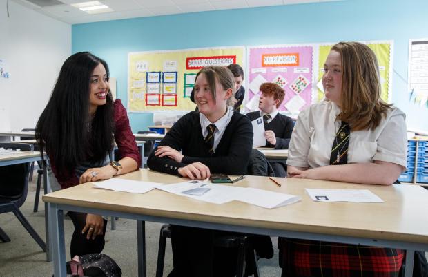 Glasgow Times: Sameeha Rehman, finalist for Scotswoman of the Year 2021. Sameeha is the founder of social enterprise Ubuntu Scotland where she brings life skills into schools. She is pictured at St Ambrose high school in Coatbridge with S3 pupils during a  personal