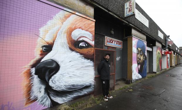 Glasgow Times: Stephen Machin (Mack Colours) posing with his murals at the Shawbridge Arcade