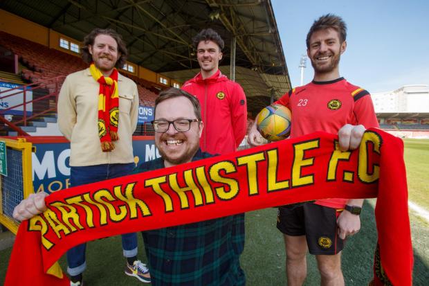 Neil Cowan, left and Alan Aitken in the foreground, both of whom are involved with Jags For Good. They are pictured at Firhill stadium with Partick Thistle players Ciaran McKenna, left and Ross Docherty at right. Partick Thistle players have clubbed