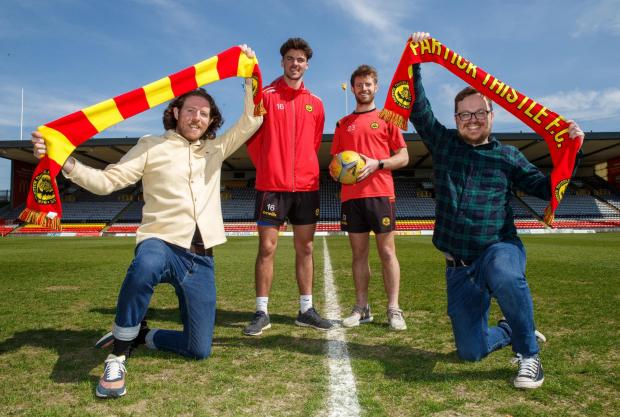 Glasgow Times: Neil Cowan, far left and Alan Aitken at far right, both of whom are involved with Jags For Good at Firhill stadium with Partick Thistle players Ciaran McKenna, left and Ross Docherty at right  Picture: Colin Mearns